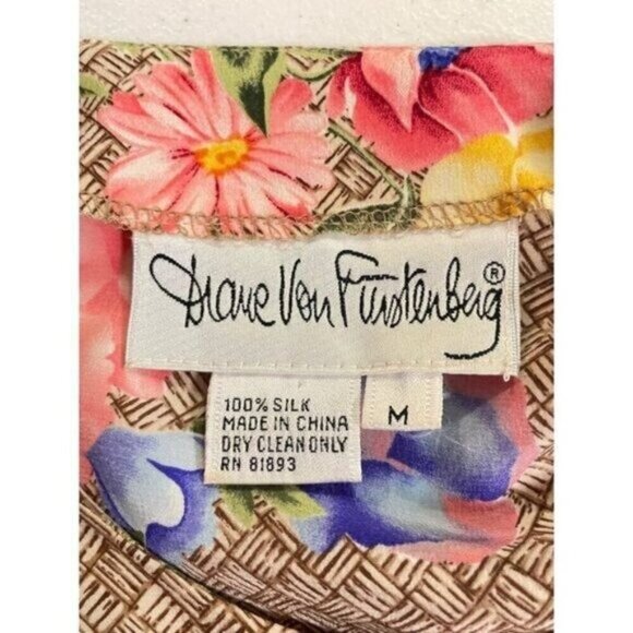 Vintage Diane Von Furstenberg Silk Blouse Basketweave floral Ruffle Medium - Picture 5 of 5